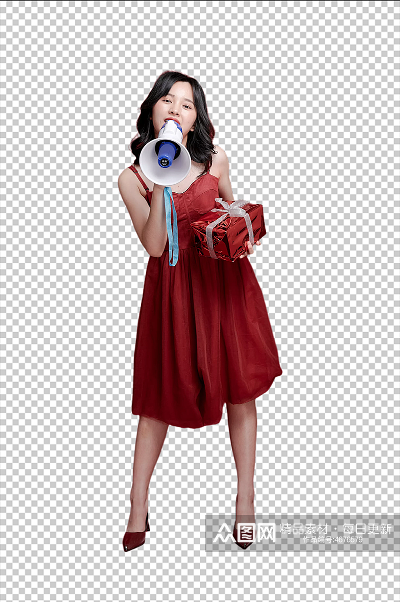 红裙女生送礼物拿喇叭摄影图免扣png元素素材
