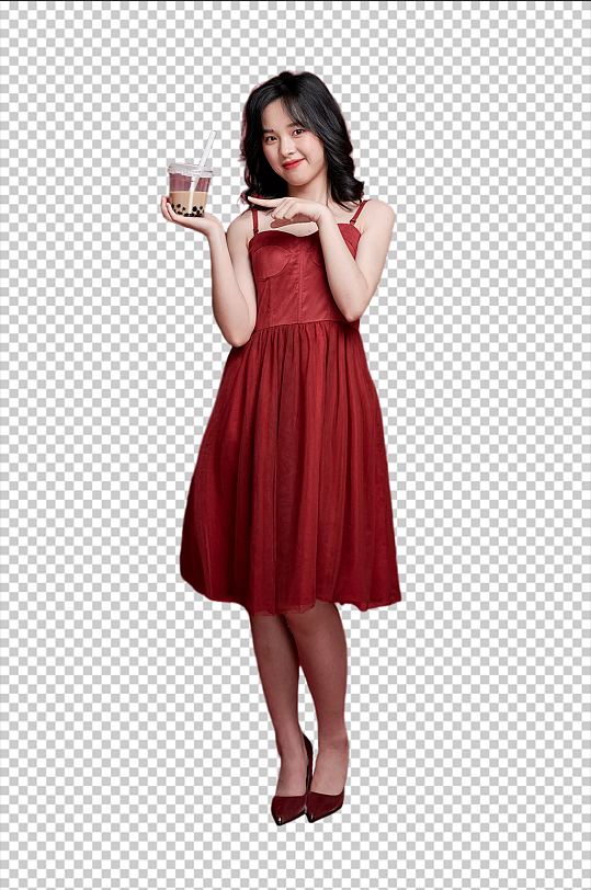 红裙女生喝奶茶奶茶店宣传png免扣元素