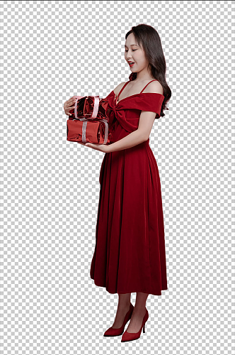 红裙女生送礼物拿喇叭摄影图免扣png元素