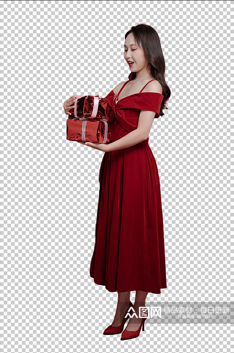 红裙女生送礼物拿喇叭摄影图免扣png元素素材