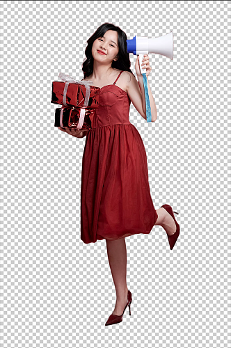 红裙女生送礼物拿喇叭摄影图免扣png元素
