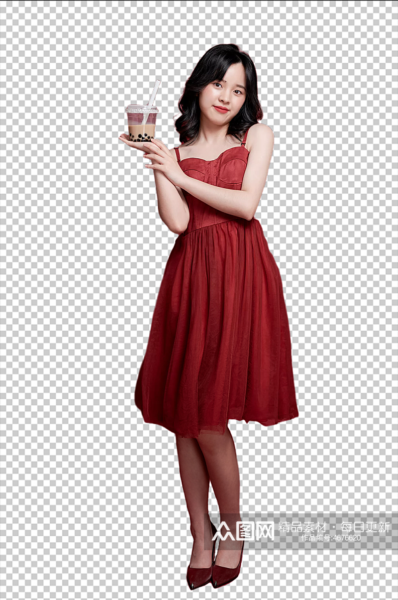 红裙女生喝奶茶奶茶店宣传png免扣元素素材