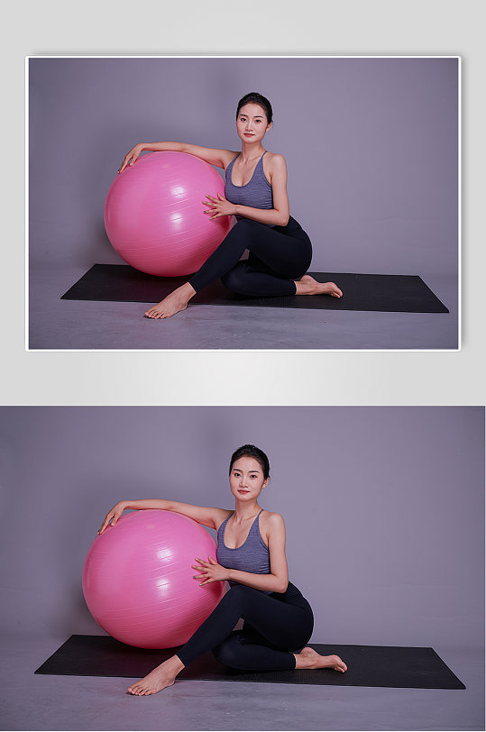 女生瑜伽动作示范瑜伽球摄影图