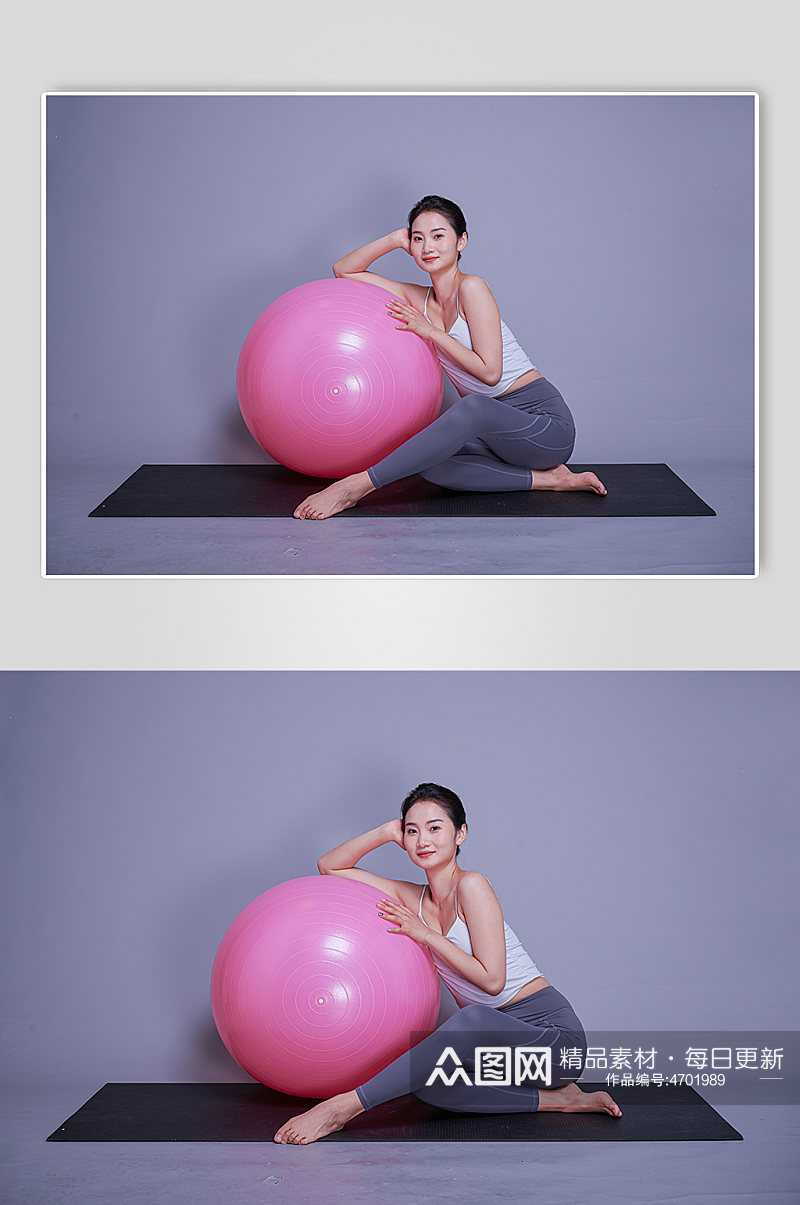 女生瑜伽动作示范瑜伽球摄影图素材
