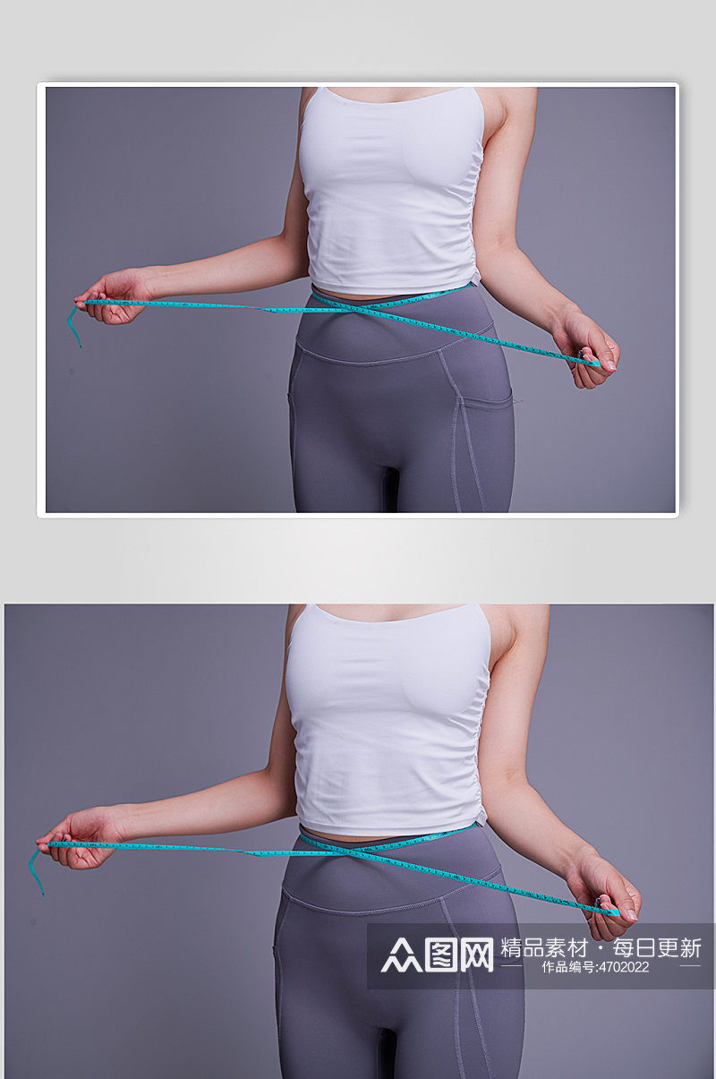 瑜伽女生身材测量腰围减肥瘦身照片摄影图素材
