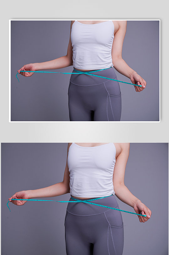 瑜伽女生身材测量腰围减肥瘦身照片摄影图