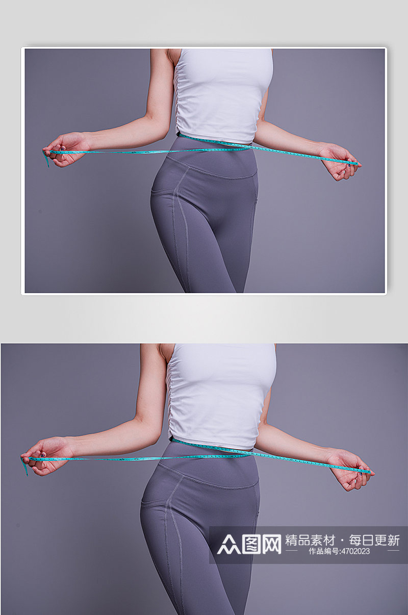 瑜伽女生身材测量腰围减肥瘦身照片摄影图素材