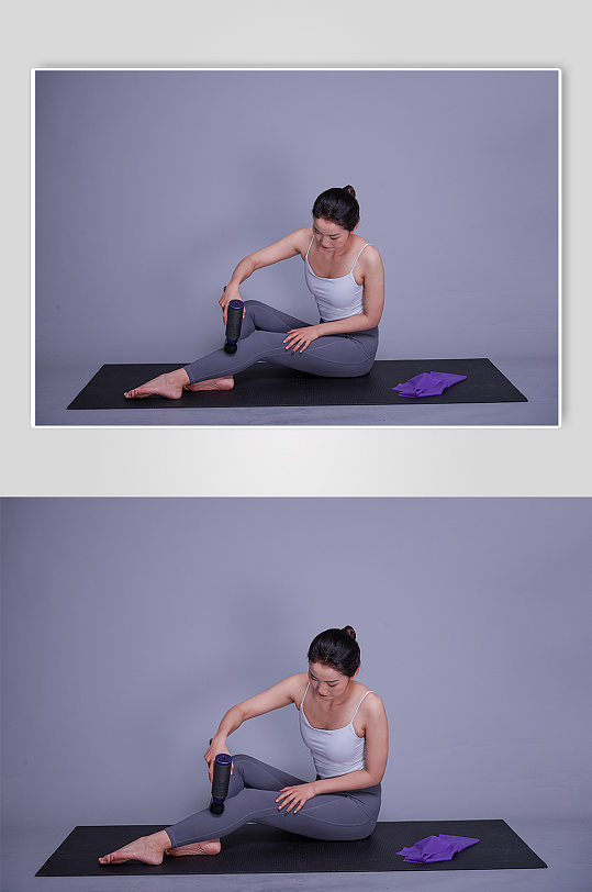 瑜伽女生运动筋膜枪放松姿势摄影图