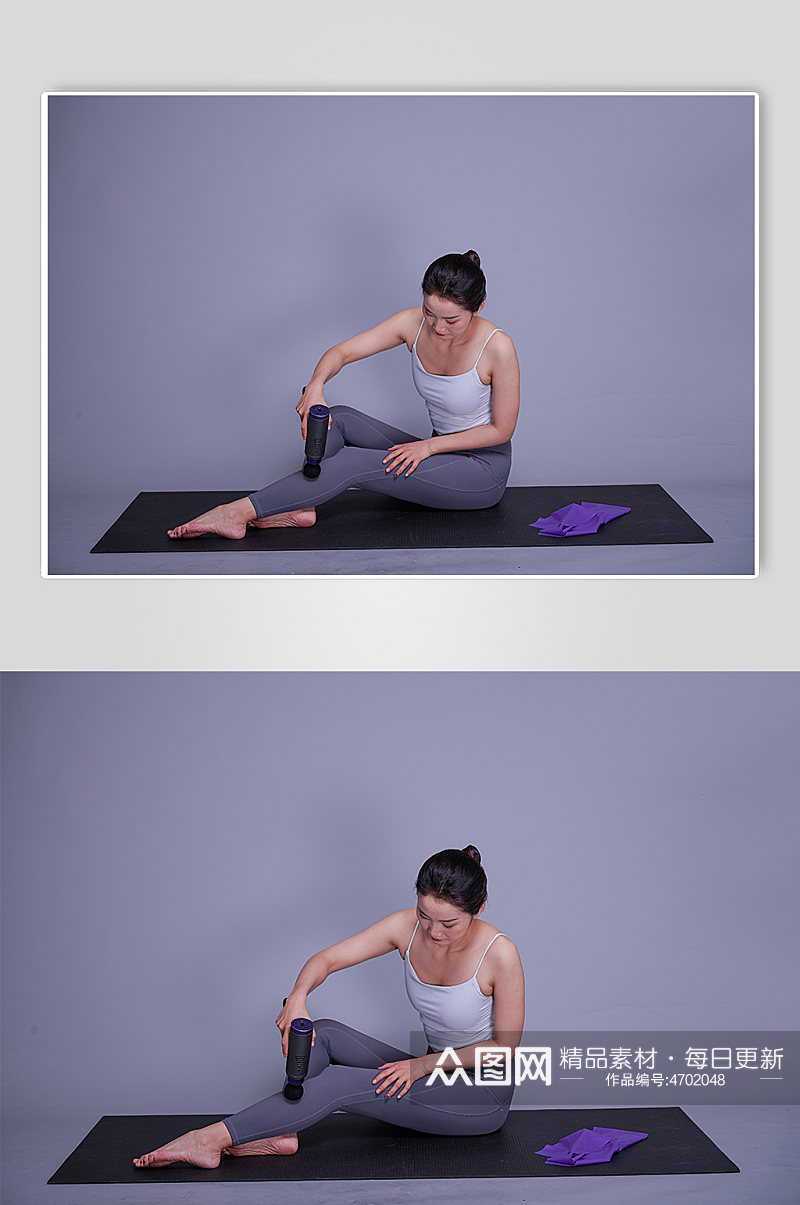 瑜伽女生运动筋膜枪放松姿势摄影图素材