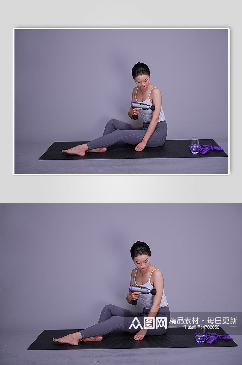 瑜伽女生运动筋膜枪放松姿势摄影图素材