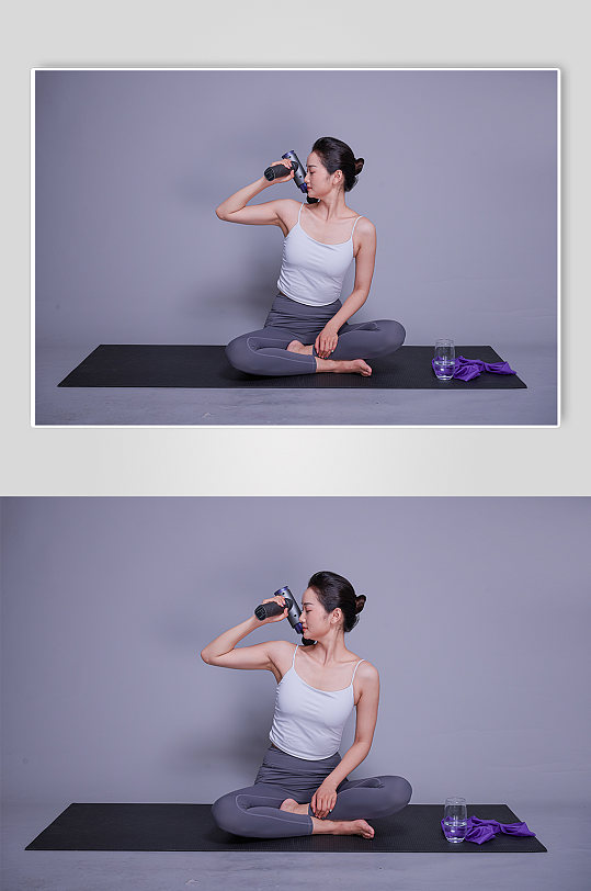 瑜伽女生运动筋膜枪放松姿势摄影图