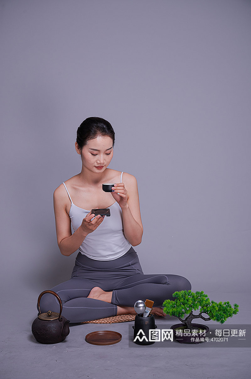 瑜伽放松茶文化品茶绿茶茶道摄影图素材