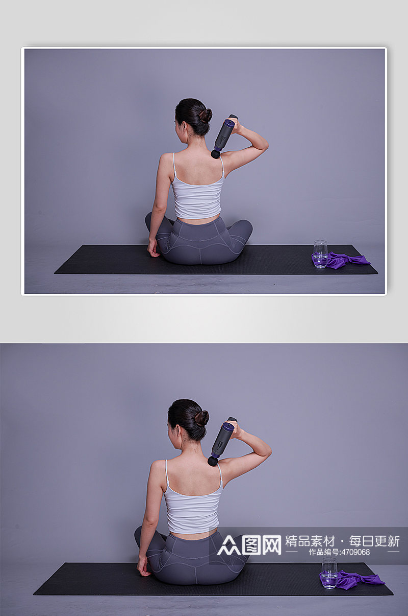 女生瑜伽动作教学健身筋膜枪精修摄影图素材