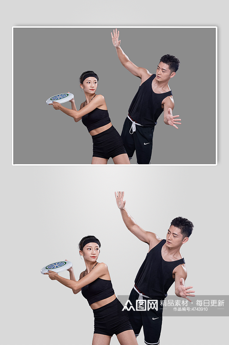 男女双人健身教练飞盘运动摄影图免扣png素材
