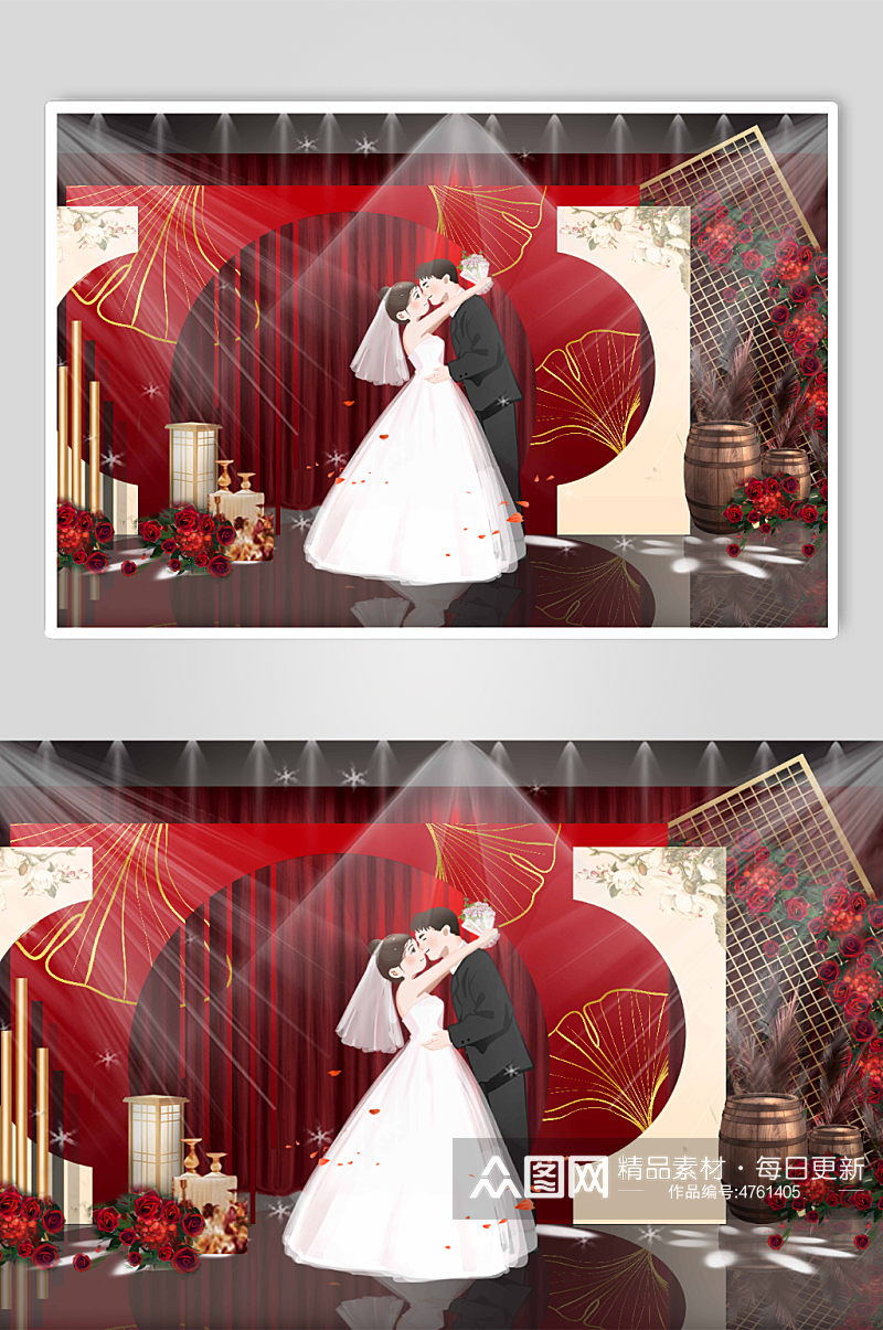 中式浪漫婚礼迎宾区美陈婚礼布置效果图素材