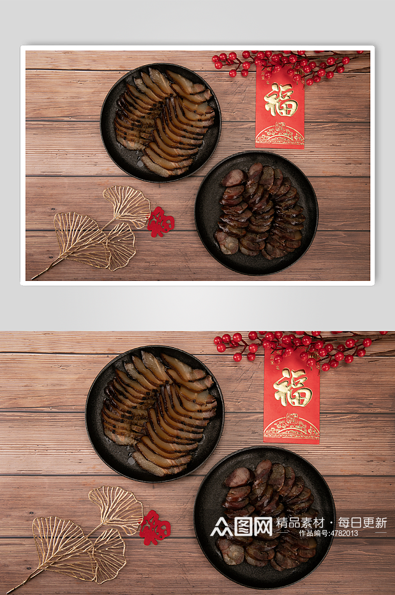 新年年货农家特色烟熏腊肠腊肉摄影图照片素材