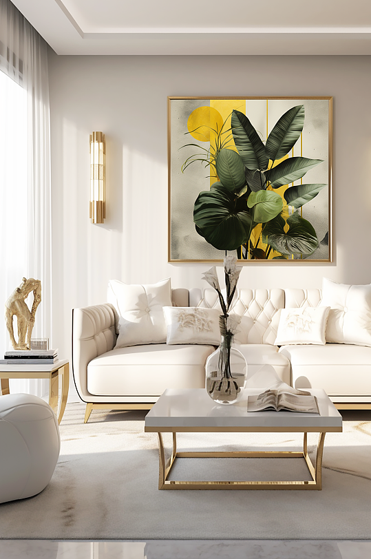 轻奢室内绿植鎏金几何切割客厅装饰画-众图网
