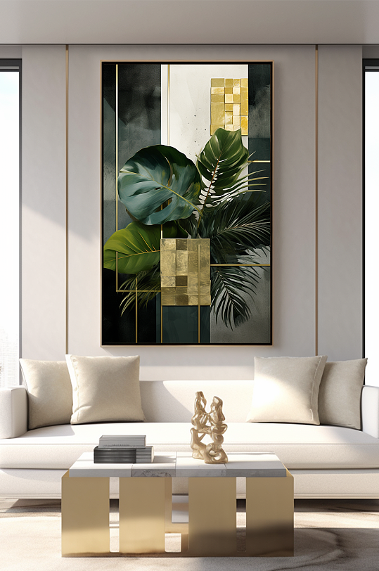 轻奢室内绿植鎏金几何切割客厅装饰画-众图网