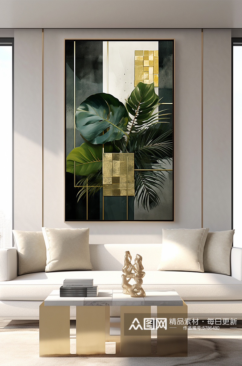 轻奢室内绿植鎏金几何切割客厅装饰画素材