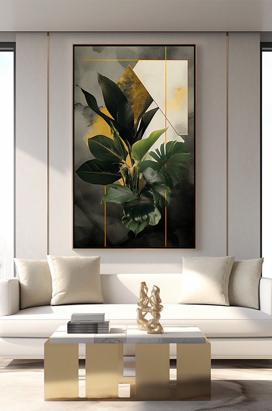 轻奢室内绿植鎏金几何切割客厅装饰画-众图网