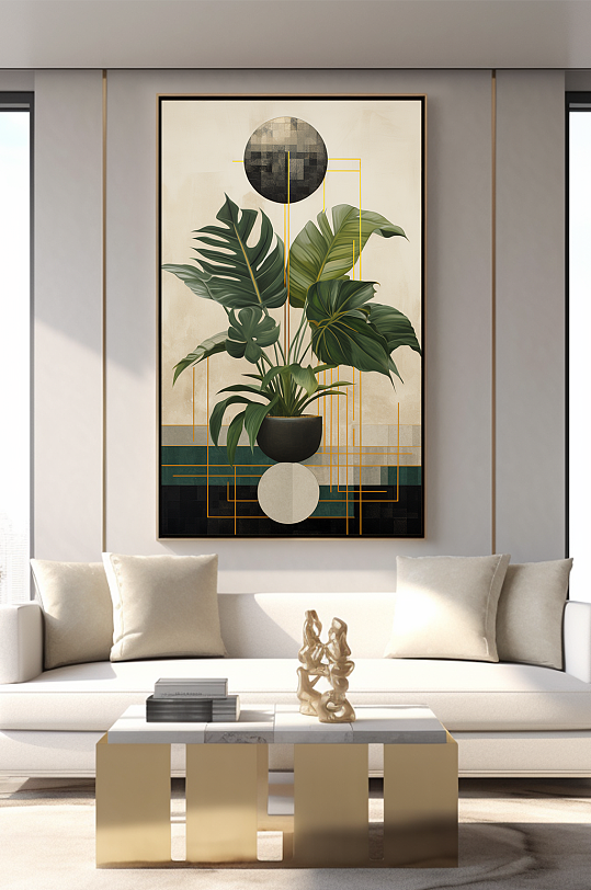 轻奢室内绿植鎏金几何切割客厅装饰画-众图网