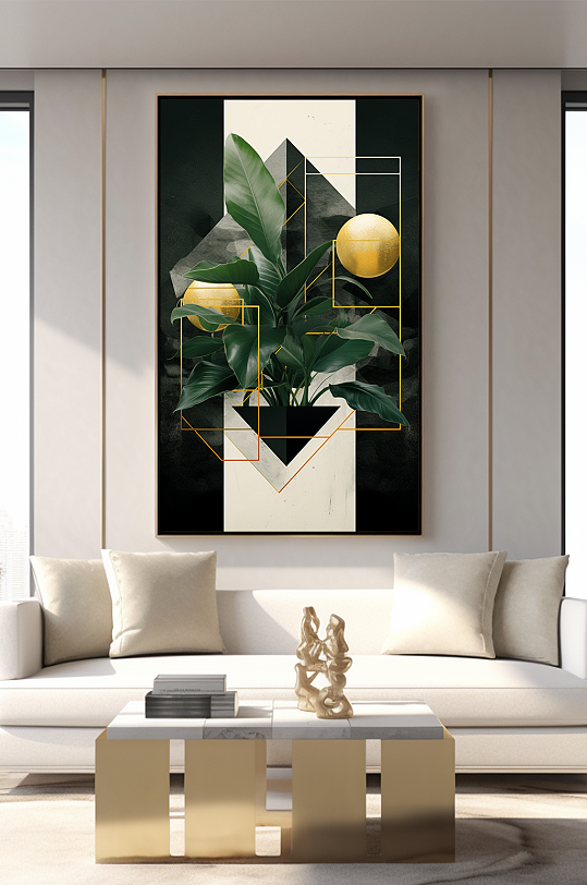 轻奢室内绿植鎏金几何切割客厅装饰画-众图网