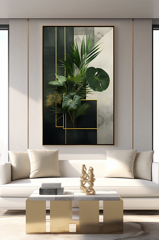 轻奢室内绿植鎏金几何切割客厅装饰画-众图网