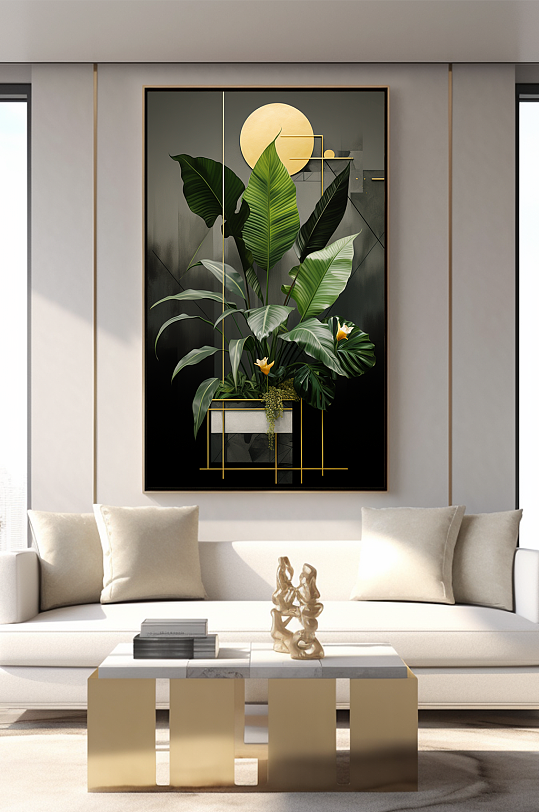 轻奢室内绿植鎏金几何切割客厅装饰画-众图网