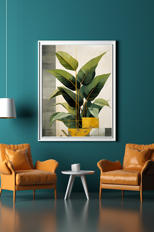 轻奢室内绿植鎏金几何切割客厅装饰画-众图网