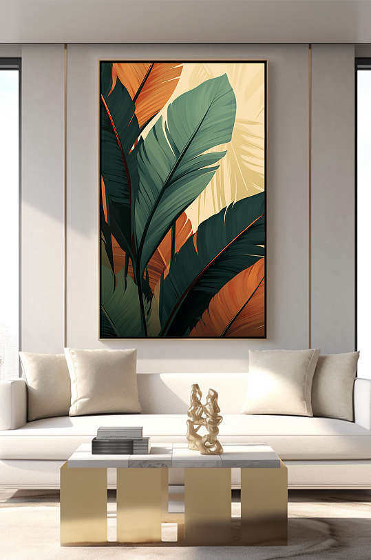 轻奢室内绿植鎏金几何切割客厅装饰画