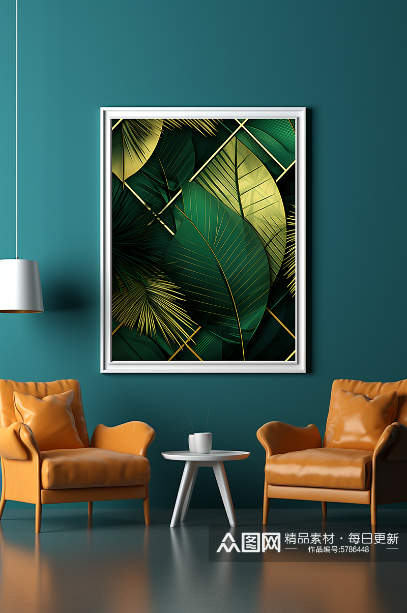 轻奢室内绿植鎏金几何切割客厅装饰画素材