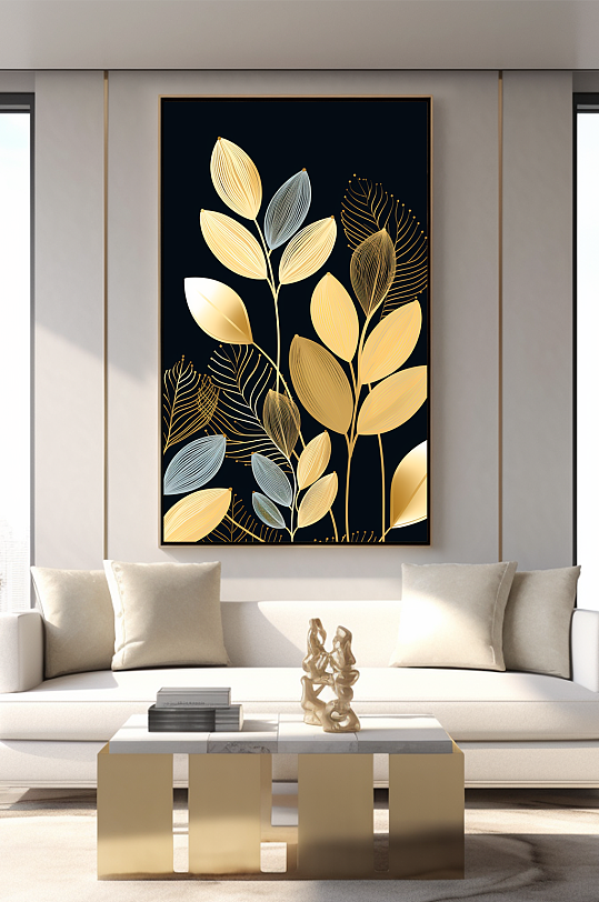 轻奢室内绿植鎏金几何切割客厅装饰画-众图网