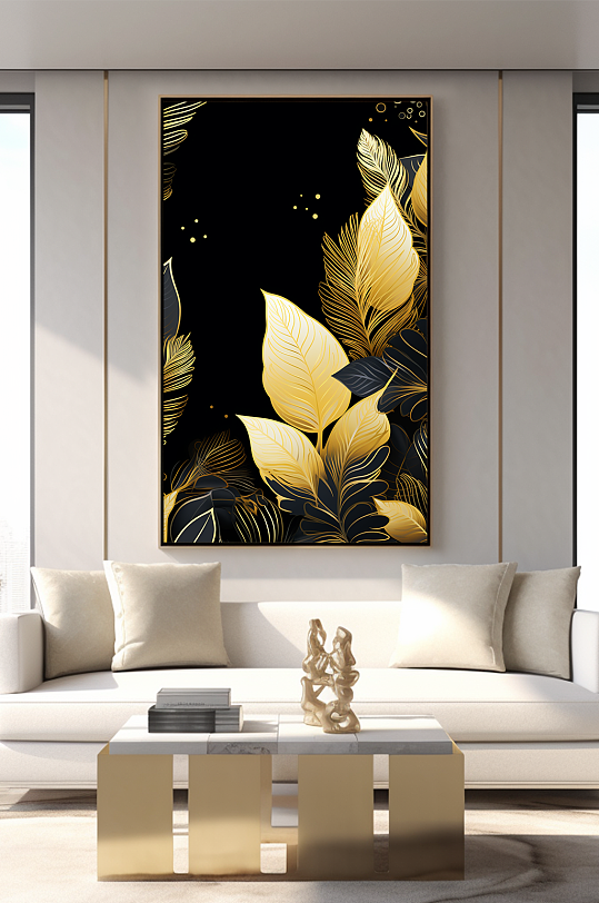 轻奢室内绿植鎏金几何切割客厅装饰画-众图网