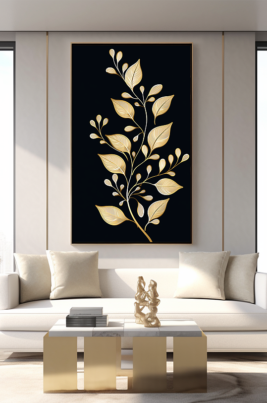 轻奢室内绿植鎏金几何切割客厅装饰画-众图网