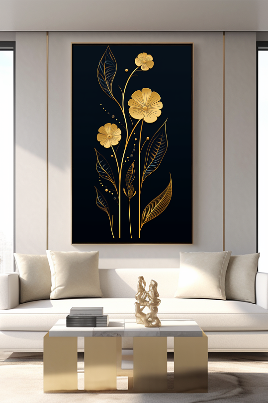 轻奢室内绿植鎏金几何切割客厅装饰画-众图网