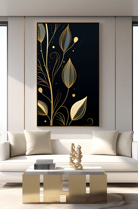 轻奢室内绿植鎏金几何切割客厅装饰画-众图网