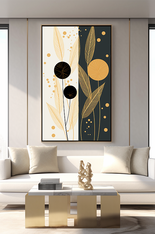 轻奢室内绿植鎏金几何切割客厅装饰画-众图网