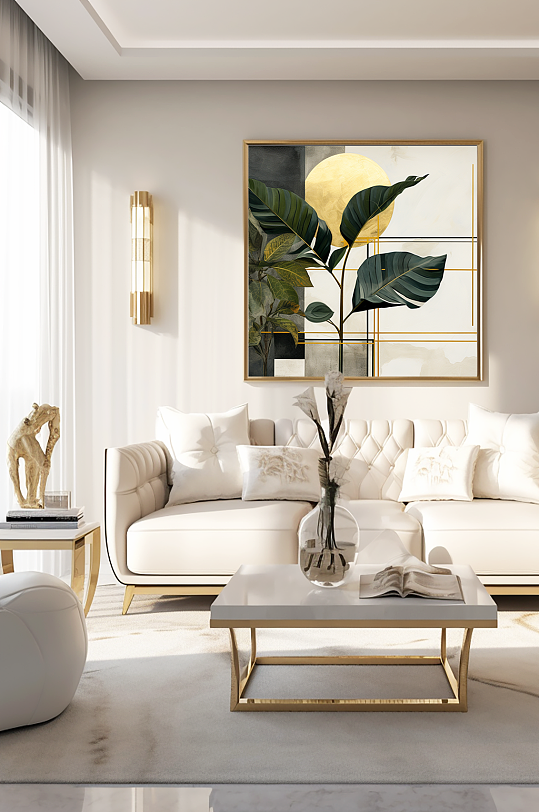 轻奢室内绿植鎏金几何切割客厅装饰画-众图网