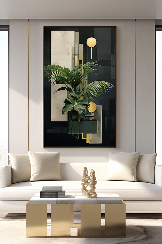 现代绿植几何室内客厅装饰画-众图网