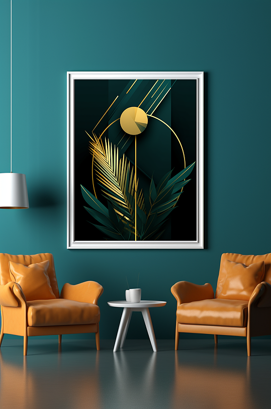 现代绿金棕桐叶几何典雅装饰画-众图网