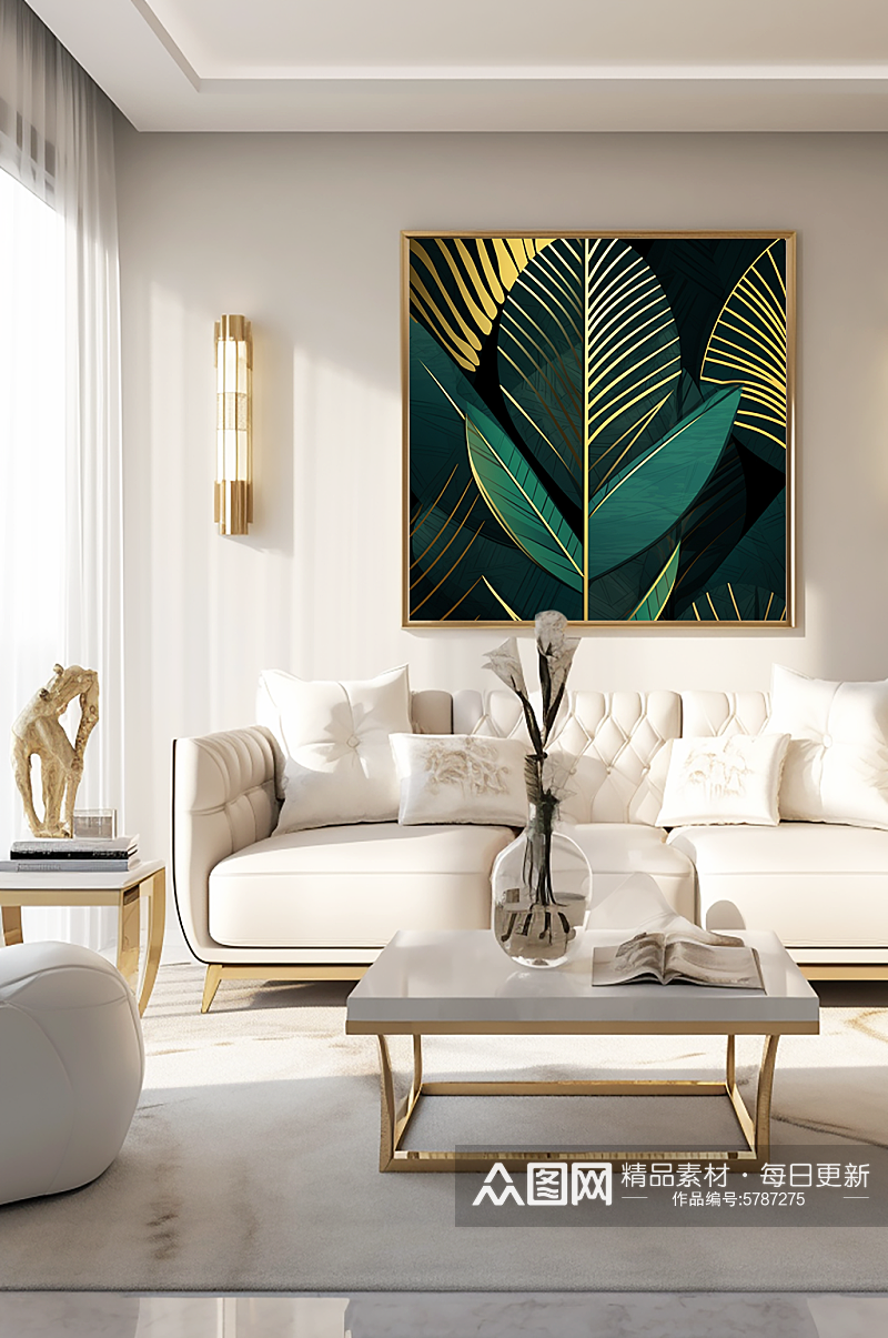 现代绿金棕桐叶热带风格装饰画素材