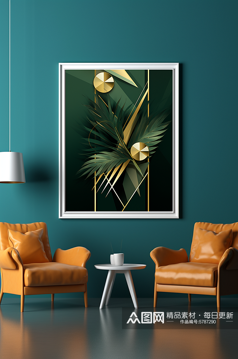绿色热带棕桐叶绿金风格绿植室内装饰画素材