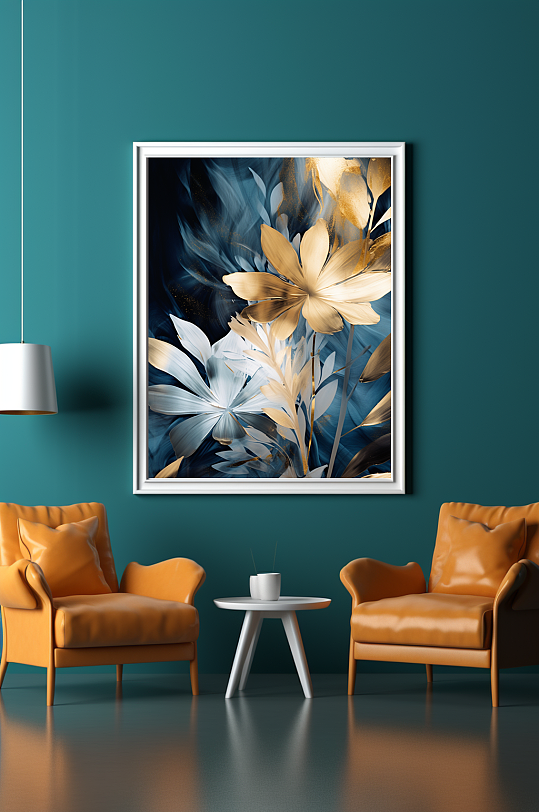 蓝金色抽象花朵室内玄关装饰画