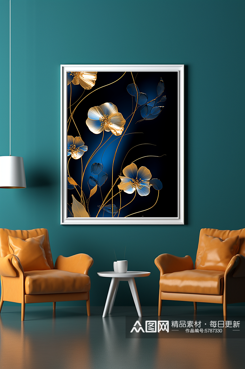 轻奢神秘蓝金花朵客厅玄关装饰画素材