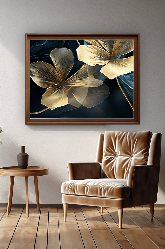 蓝金神秘花朵室内复古装饰画-众图网