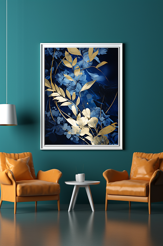 蓝金花朵典雅神秘抽象客厅玄关装饰画