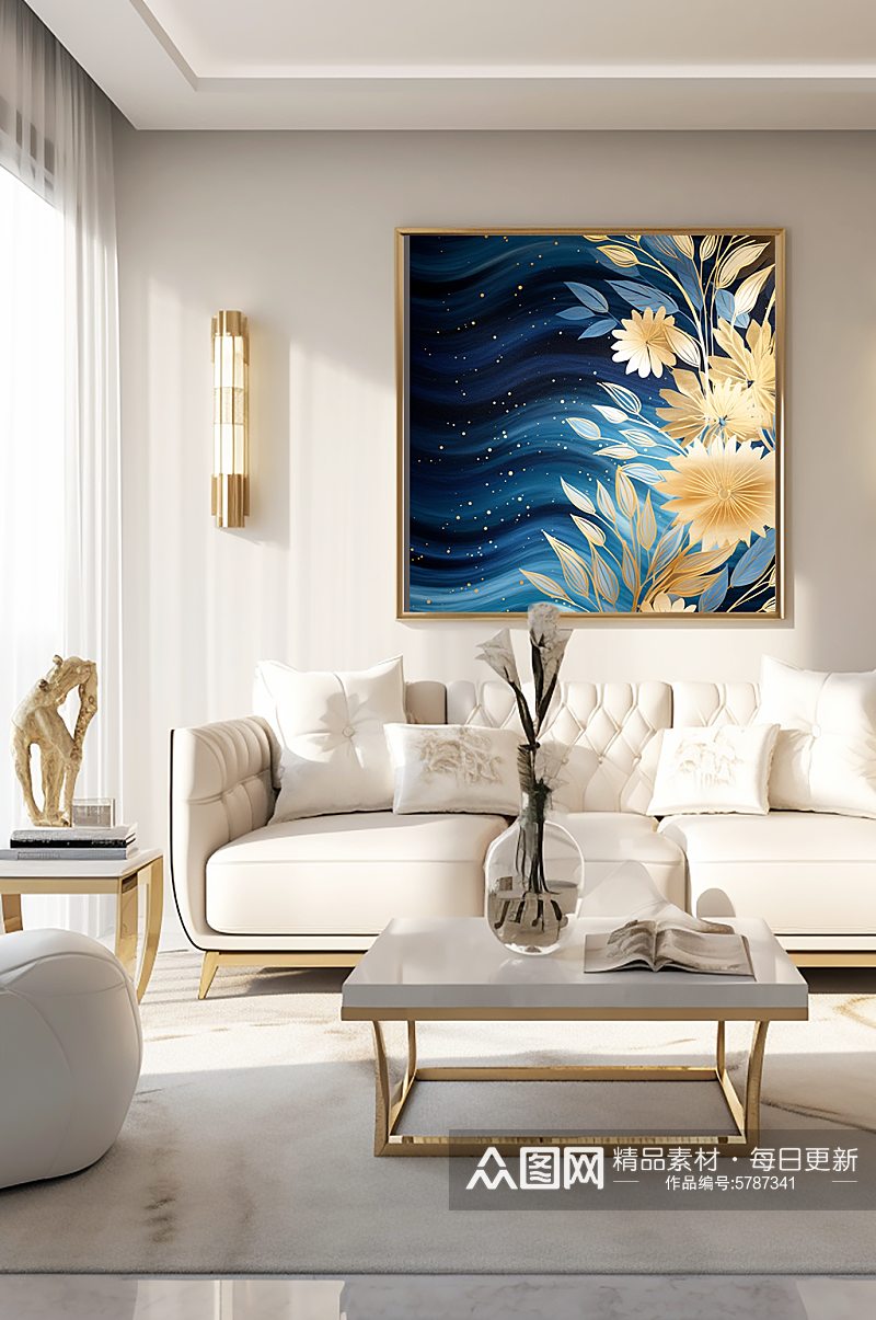 蓝金浪漫花朵鎏金典雅室内客厅装饰画素材