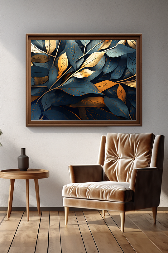 蓝金抽象树叶装饰画室内玄关客厅装饰画