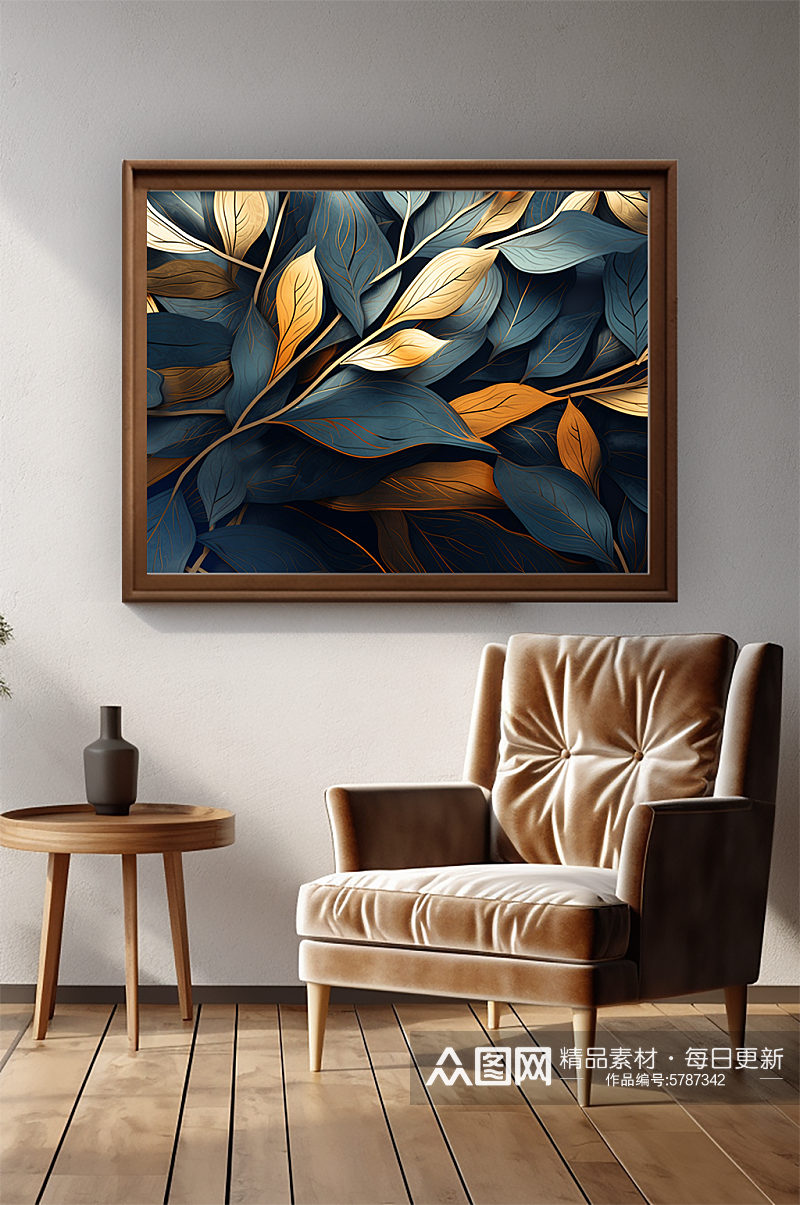 蓝金抽象树叶装饰画室内玄关客厅装饰画素材