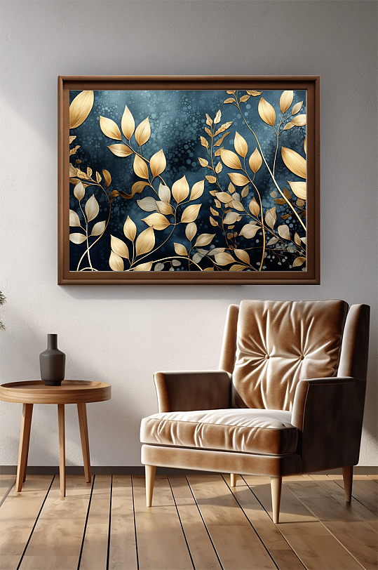 蓝金神秘典雅树叶室内客厅复古装饰画-众图网